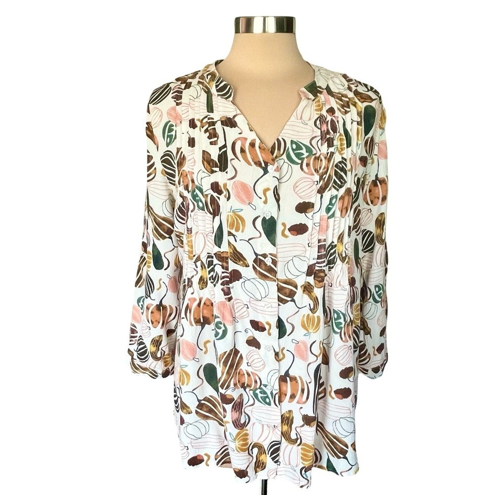Coldwater Creek Gauzy Button Front Top Sz Sp Novelty Pumpkin Gourd Print Fall